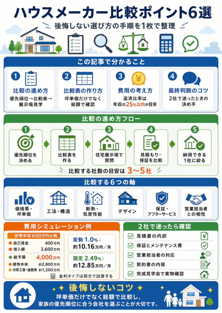 本記事の、ハウスメーカー比較ポイント6選のスライド画像。
