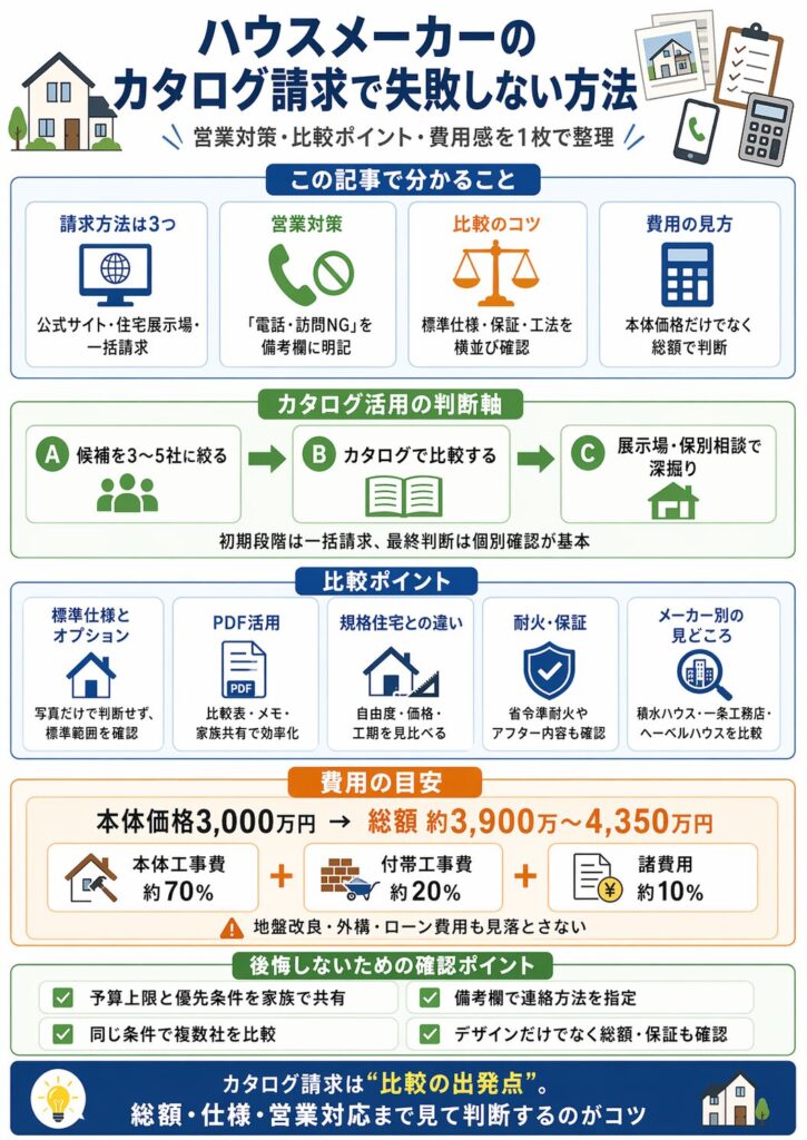 ハウスメーカーのカタログ請求で失敗しない方法のポイントをまとめたスライド