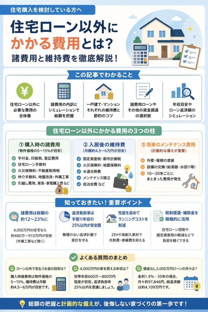 住宅ローン以外にかかる費用は？諸費用と維持費を徹底解説の記事内容をまとめたスライド画像