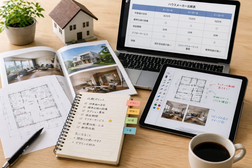 カタログを見ながら比較ポイントと活用法をメモしてチェックしているイメージ画像